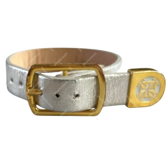 Rustic Cuff Metallic Silver Buckle Logo Bracelet - Picture 1 of 3